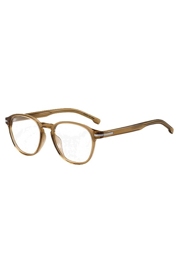 Brillenfassung aus braunem Acetat mit charakteristischen silberfarbenen Details, Hellbraun