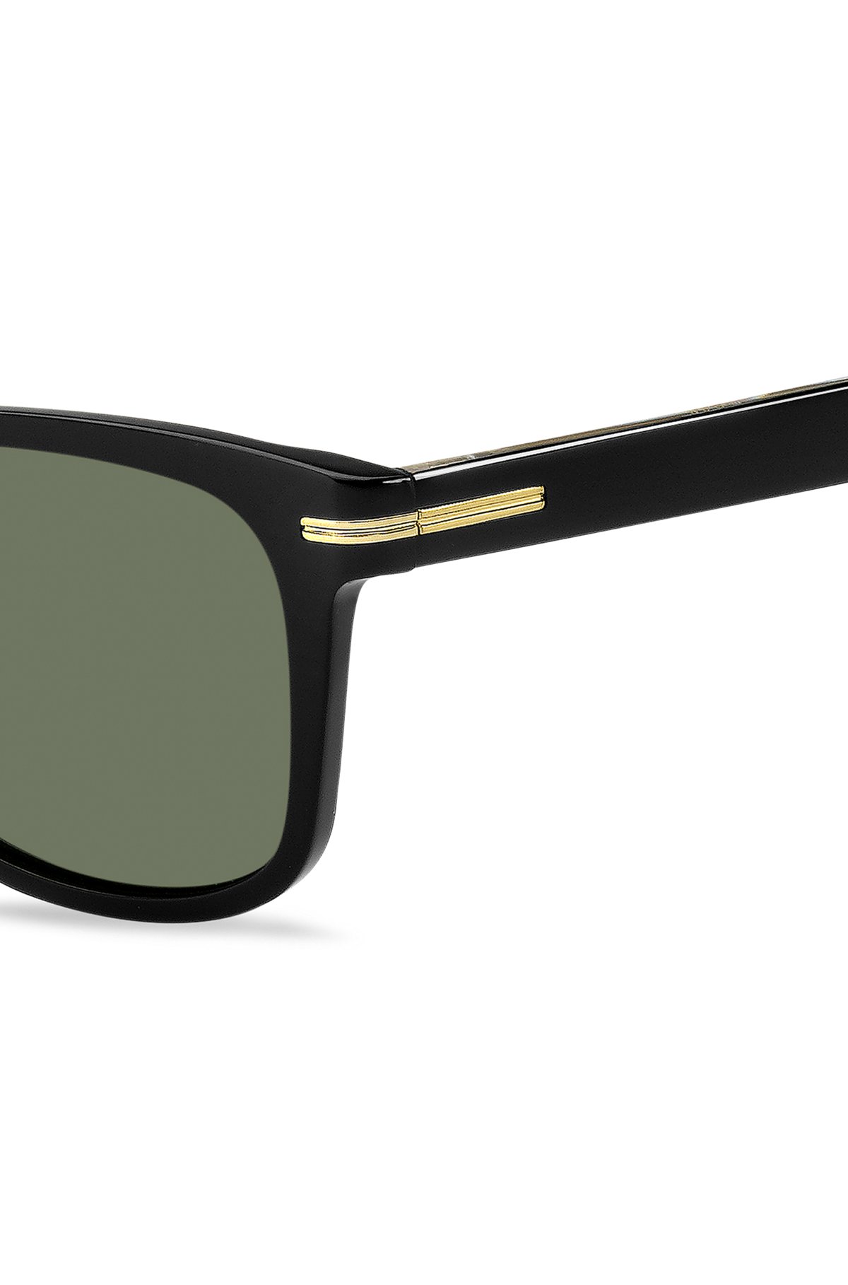 Sonnenbrille aus schwarzem Acetat mit charakteristischen goldfarbenen Details, Schwarz