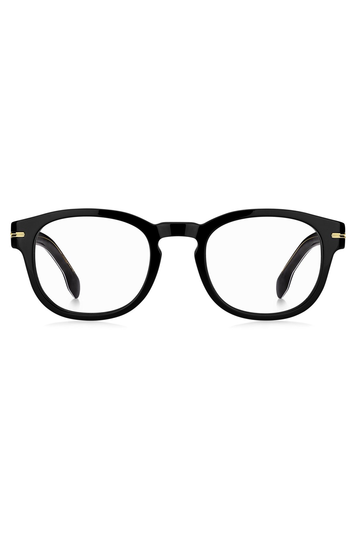 Brillenfassung aus schwarzem Acetat mit charakteristischen goldfarbenen Akzenten, Schwarz