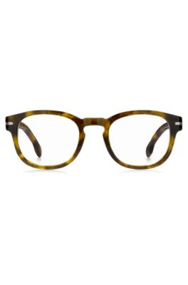 Havana-acetate optical frames with signature silver-tone detail, Brown Patterned