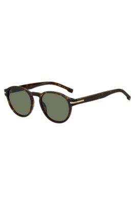 Horn-acetate sunglasses with signature gold-tone detail, Brown Patterned