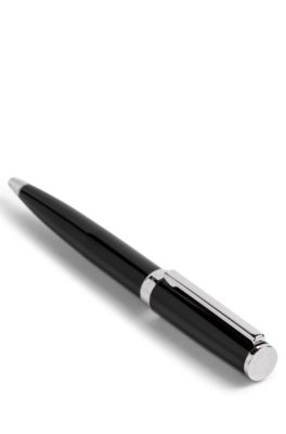 Ballpoint pen in glossy-black lacquer with logo ring, Black