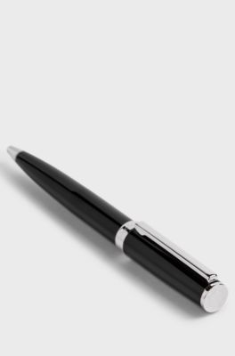 Ballpoint pen in glossy-black lacquer with logo ring, Black