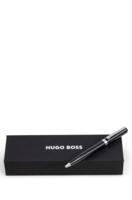 Ballpoint pen in glossy-black lacquer with logo ring, Black