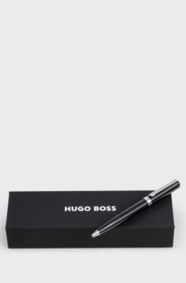 Ballpoint pen in glossy-black lacquer with logo ring, Black