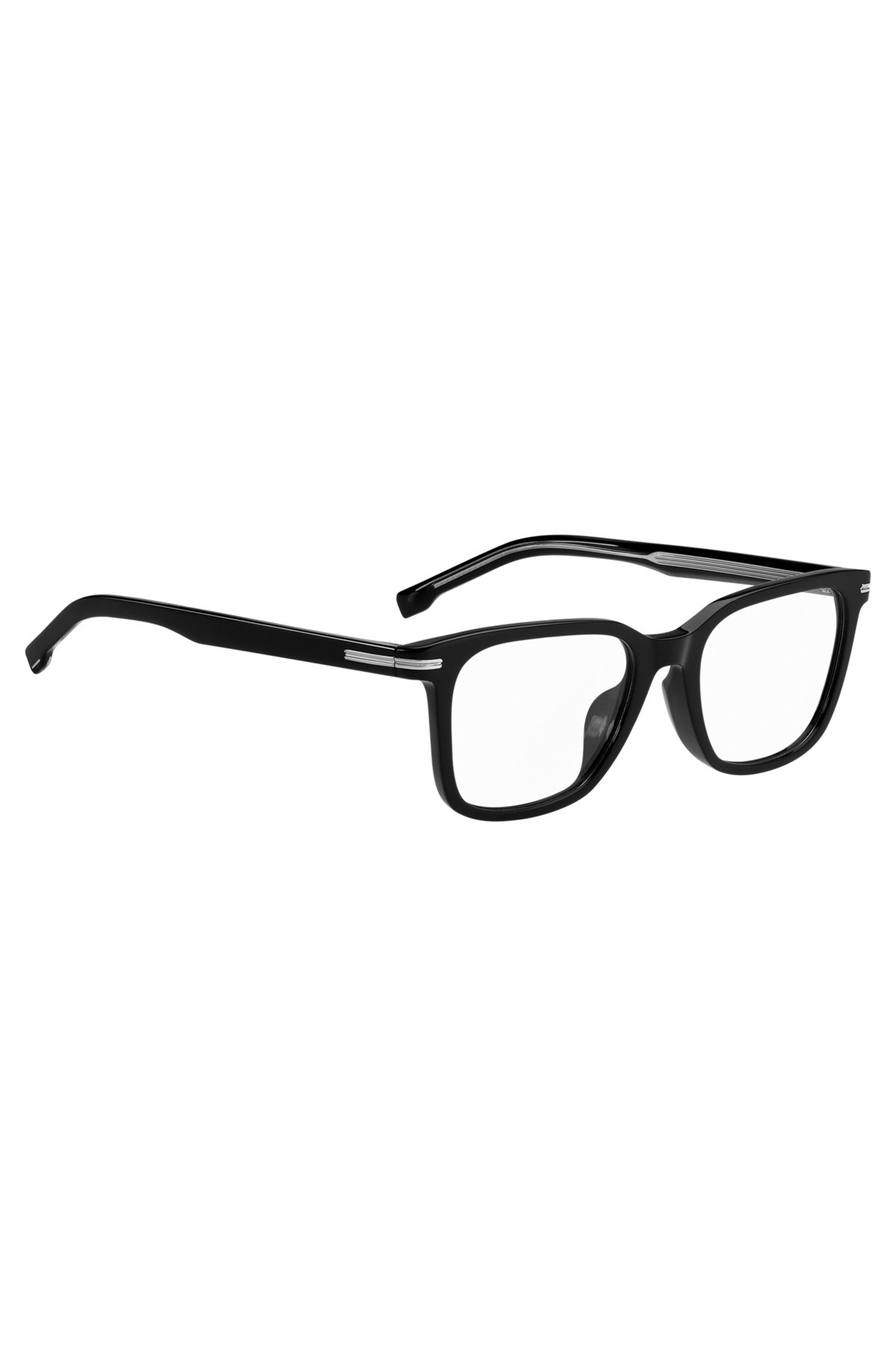 Brillenfassung aus schwarzem Acetat mit charakteristischen silberfarbenen Details, Schwarz