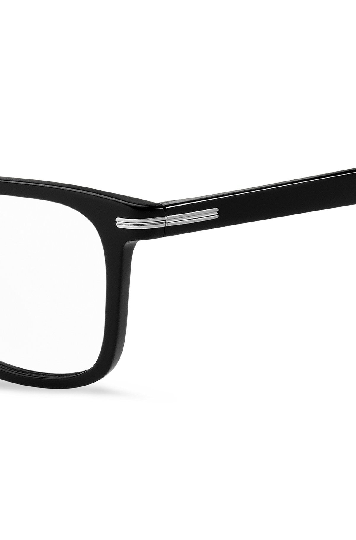 Brillenfassung aus schwarzem Acetat mit charakteristischen silberfarbenen Details, Schwarz