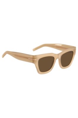 Lunettes de soleil en ac&eacute;tate beige avec d&eacute;tail dor&eacute; embl&eacute;matique, Beige