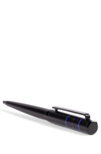Black ballpoint pen with blue lines and logo, Black