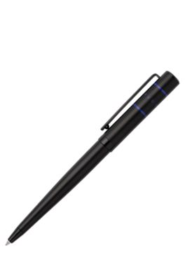 Black ballpoint pen with blue lines and logo, Black
