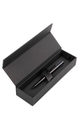 Black ballpoint pen with blue lines and logo, Black