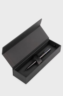 Black ballpoint pen with blue lines and logo, Black