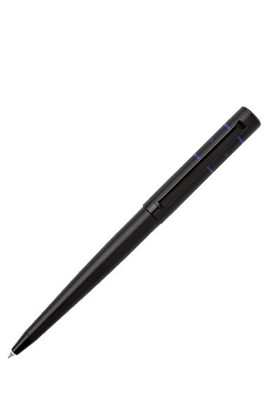 Black ballpoint pen with blue lines and logo, Black