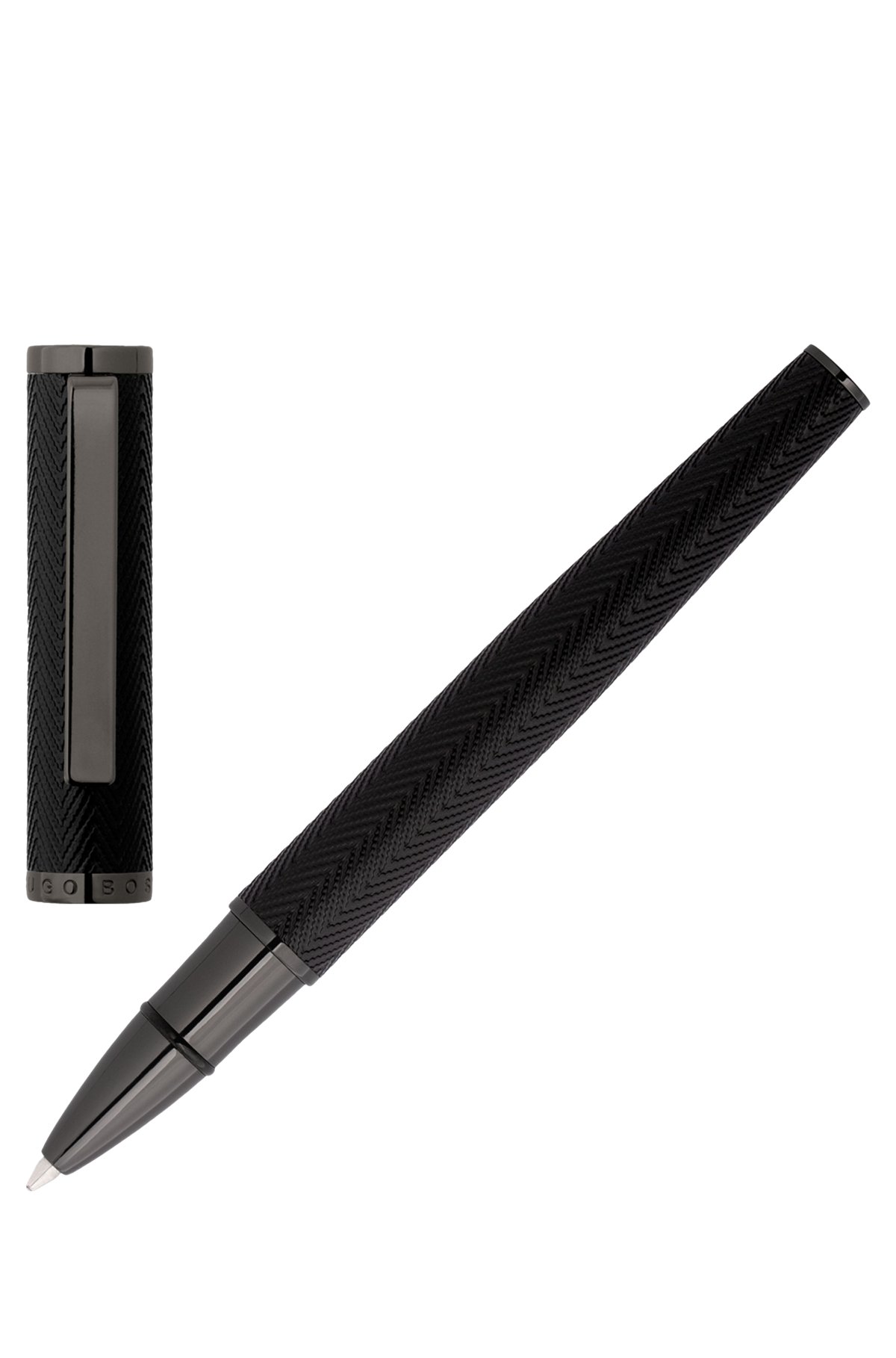Herringbone-textured rollerball pen in brass, Black
