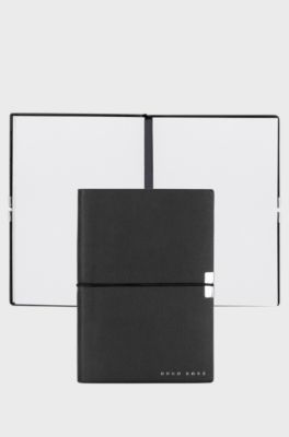 A6 notebook in black faux leather with elasticated band, Black