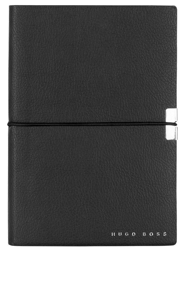 A6 notebook in black faux leather with elasticated band, Black