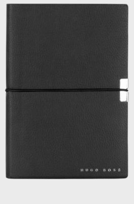 A6 notebook in black faux leather with elasticated band, Black