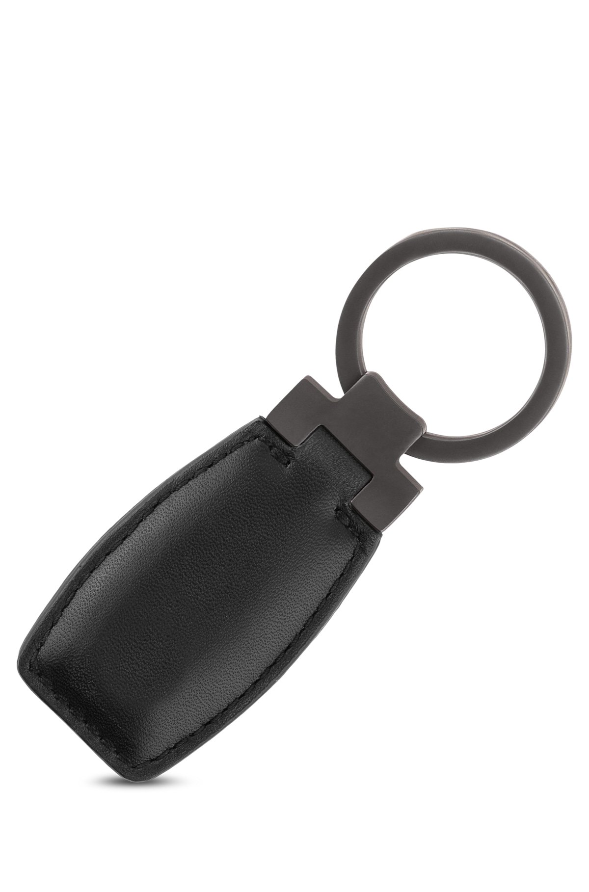 Leather key ring with logo-engraved gunmetal hardware, Black