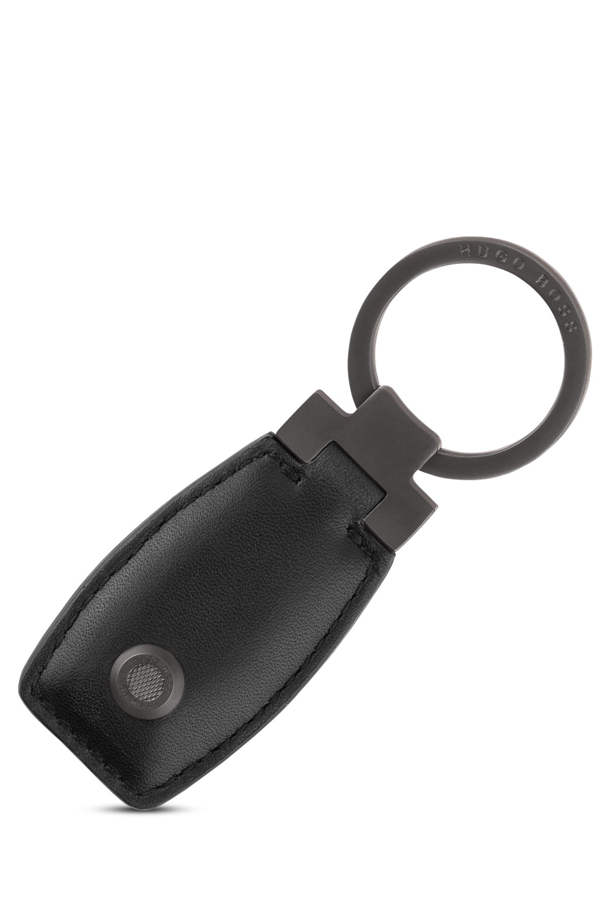 Leather key ring with logo-engraved gunmetal hardware, Black
