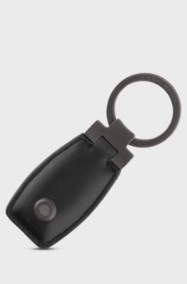 Leather key ring with logo-engraved gunmetal hardware, Black