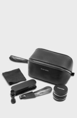 Shoe-care kit in grained faux-leather bag, Black