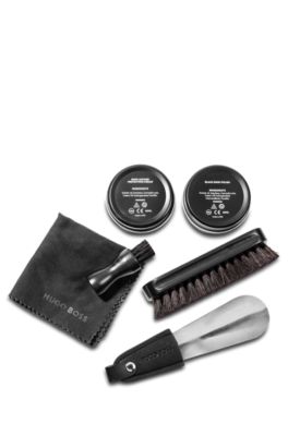 Shoe-care kit in grained faux-leather bag, Black