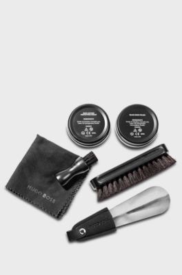 Shoe-care kit in grained faux-leather bag, Black