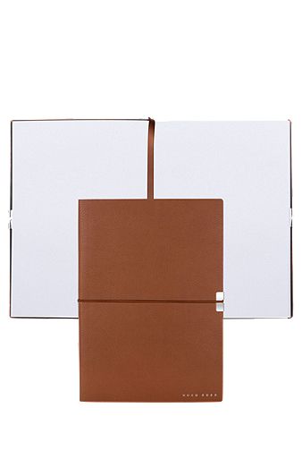 A5 notebook in camel faux leather with elasticated band, Brown