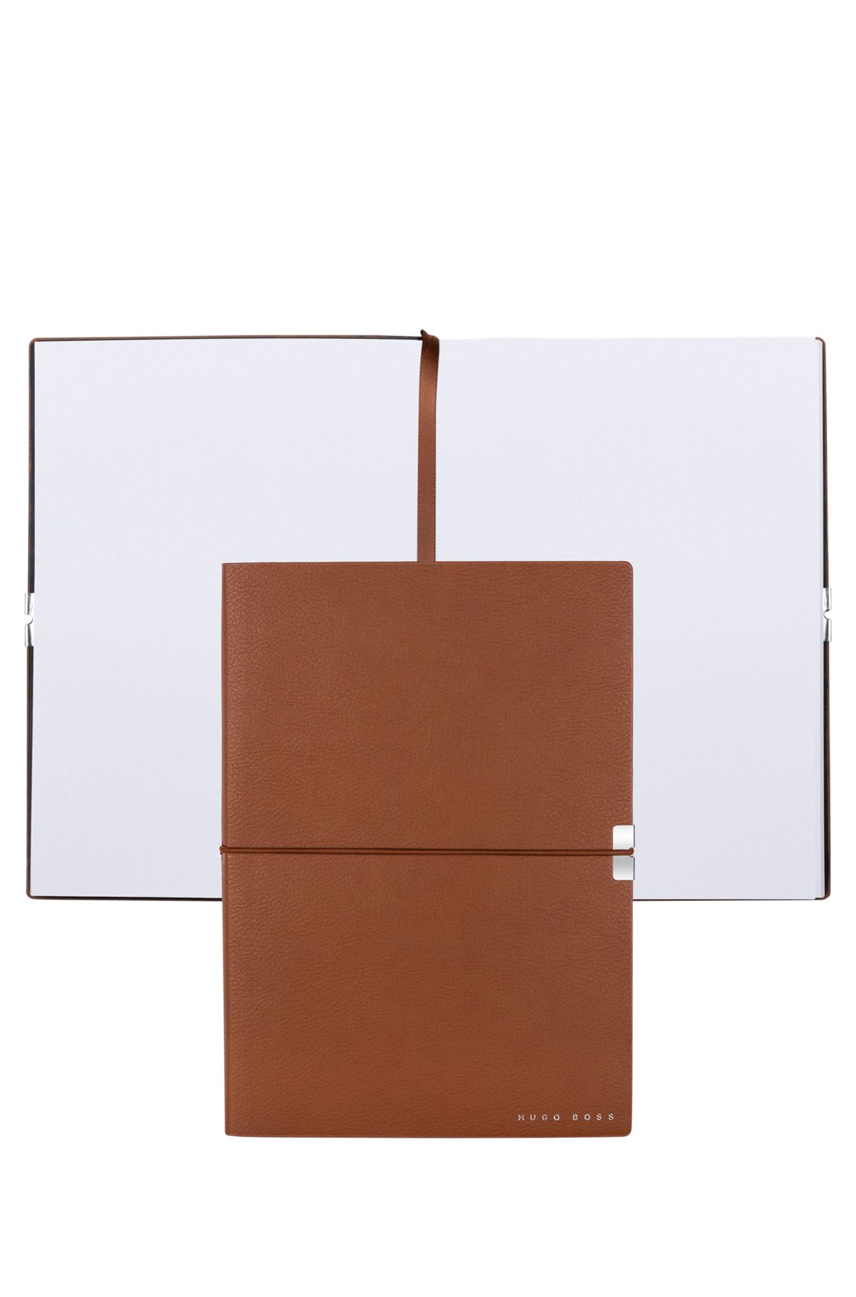 A5 notebook in camel faux leather with elasticated band, Brown
