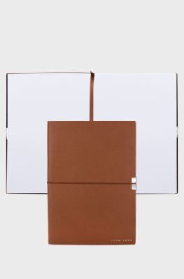 A5 notebook in camel faux leather with elasticated band, Brown