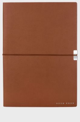 A5 notebook in camel faux leather with elasticated band, Brown