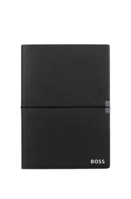 A5 notebook in black faux leather with elasticated band, Black