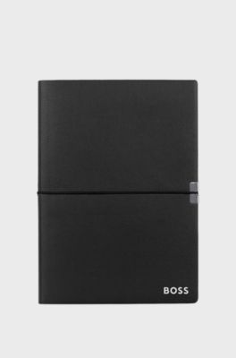 A5 notebook in black faux leather with elasticated band, Black