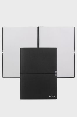 A5 notebook in black faux leather with elasticated band, Black