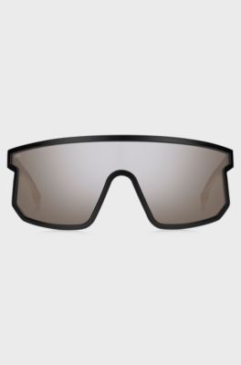 Black mask-style sunglasses with branded temples, Assorted-Pre-Pack