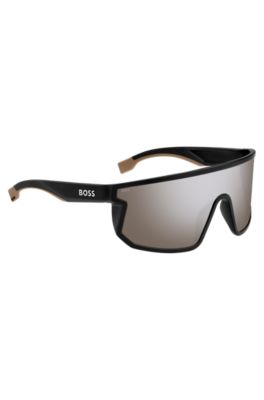 Black mask-style sunglasses with branded temples, Assorted-Pre-Pack