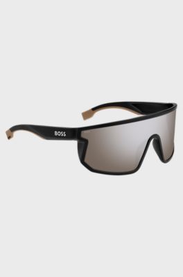 Black mask-style sunglasses with branded temples, Assorted-Pre-Pack