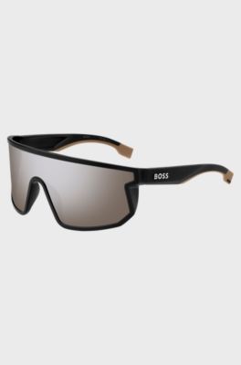Black mask-style sunglasses with branded temples, Assorted-Pre-Pack