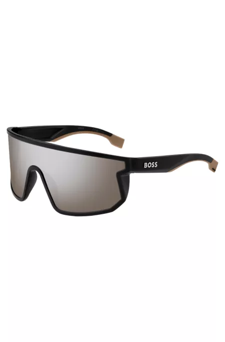 Black mask-style sunglasses with branded temples