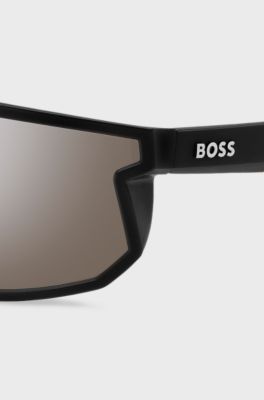 Black mask-style sunglasses with branded temples, Assorted-Pre-Pack