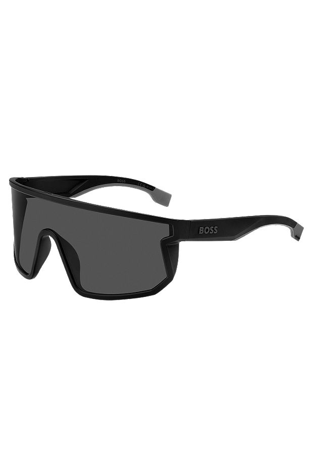 Black mask-style sunglasses with branded temples, Black