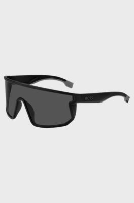 Black mask-style sunglasses with branded temples, Black