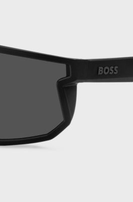 Black mask-style sunglasses with branded temples, Black