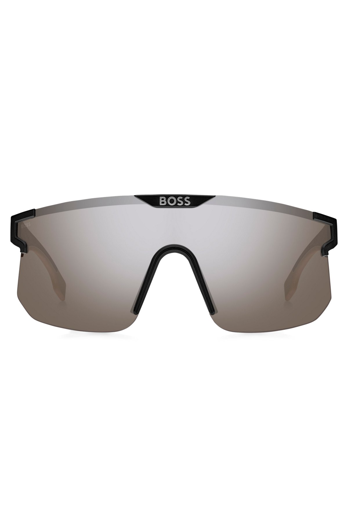 Black mask-style sunglasses with branded temples and bridge, Black