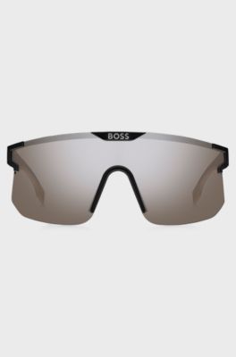 Black mask-style sunglasses with branded temples and bridge, Black