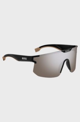 Black mask-style sunglasses with branded temples and bridge, Black