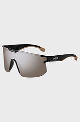 Black mask-style sunglasses with branded temples and bridge, Black