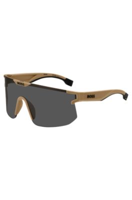 Camel mask-style sunglasses with branded temples and bridge, Light Brown