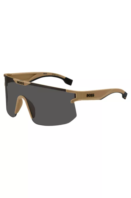 Camel mask-style sunglasses with branded temples and bridge