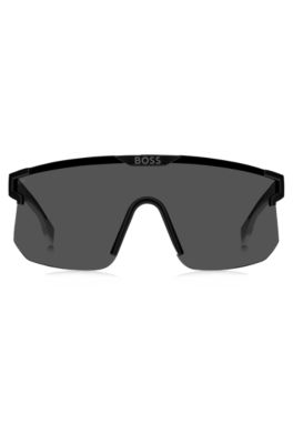 Black mask-style sunglasses with branded temples and bridge, Black